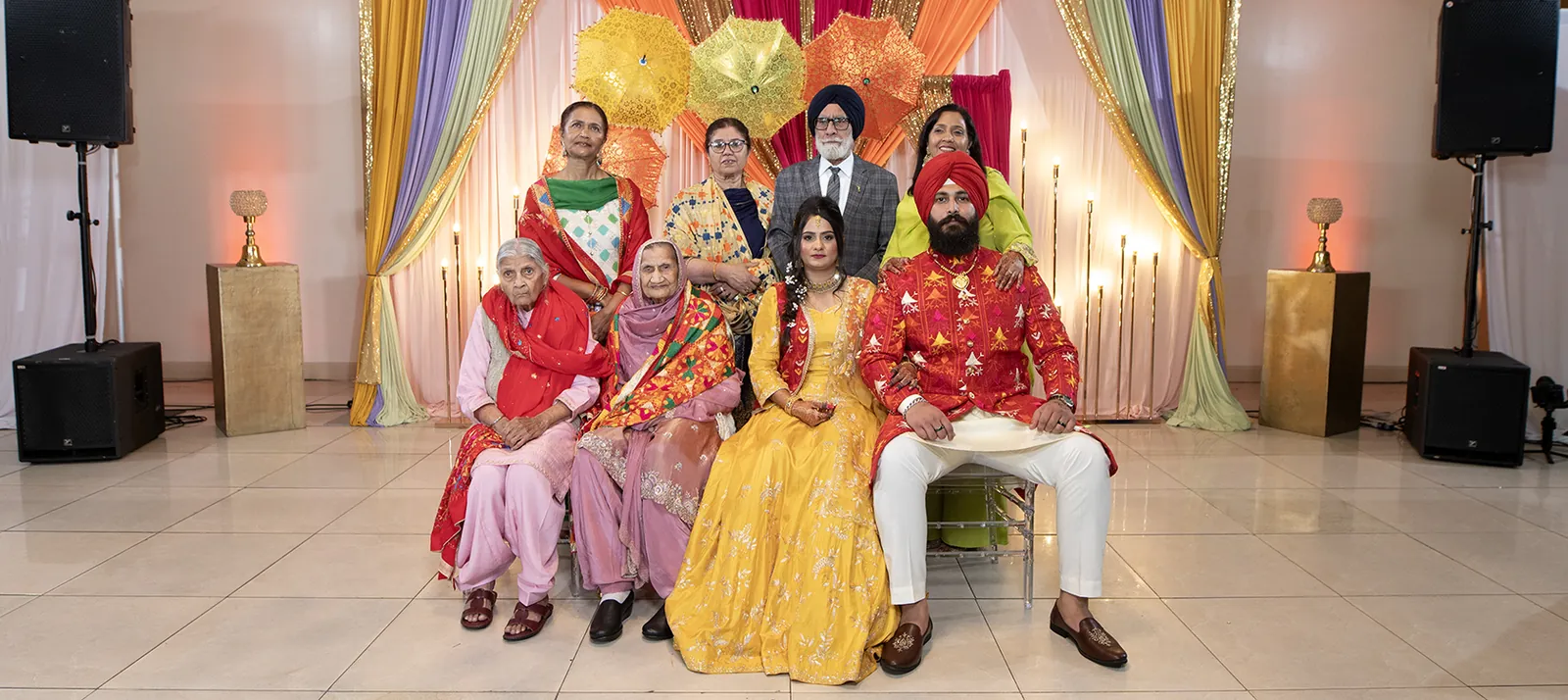 Family group portrait at a wedding celebration.